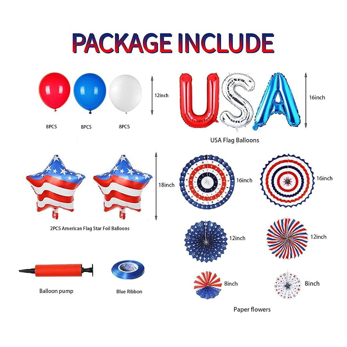 Decorative set with balloons, 'USA' letter balloons for a patriotic theme - ChildAngle 4th of July Balloon Garland