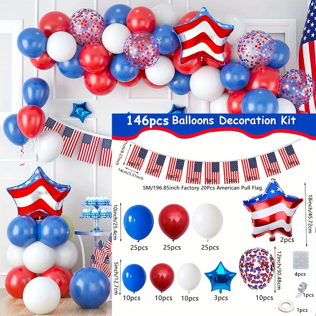Red, white, and blue balloons with American flags and stars decorative arch - ChildAngle 4th of July Balloon Arch