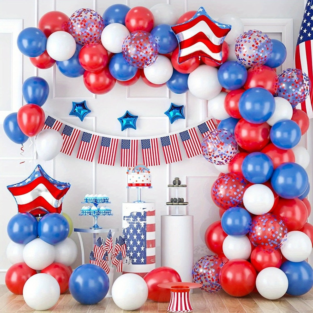 Red, white, and blue balloons with American flags and stars decorative arch - ChildAngle 4th of July Balloon Arch