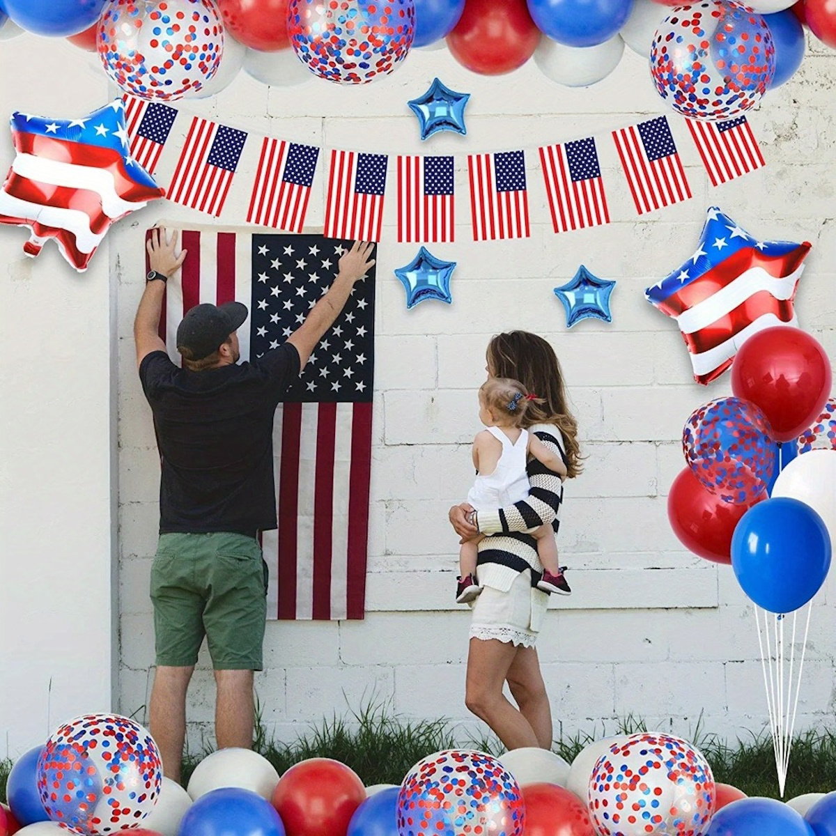Red, white, and blue balloons with American flags and stars decorative arch - ChildAngle 4th of July Balloon Arch