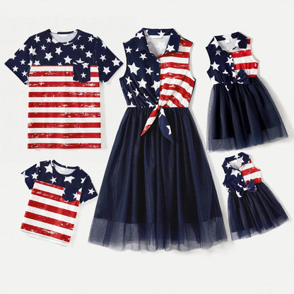 4th of July Family Matching Dress Bowknot Shirts Set Stripe Star Outfit