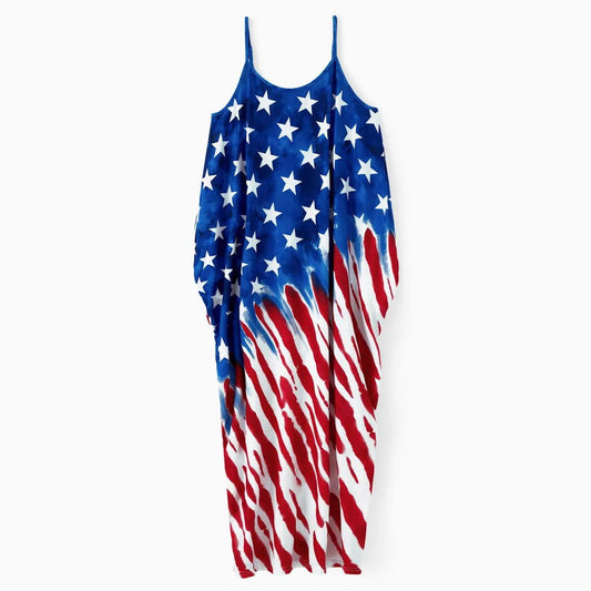 4th of July Family Matching Midi Dress with Pocket for Mom and Daughter and American Flag T-Shirts - ChildAngle