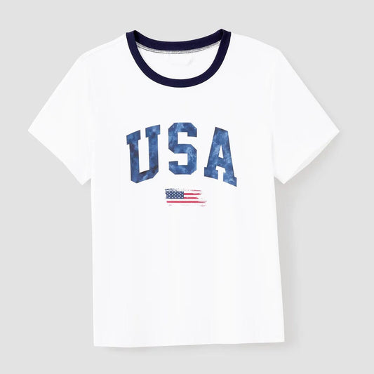 4th of July Family Matching T Shirts Short Sleeve American Flag USA Letter Print Top Baby Romper - ChildAngle