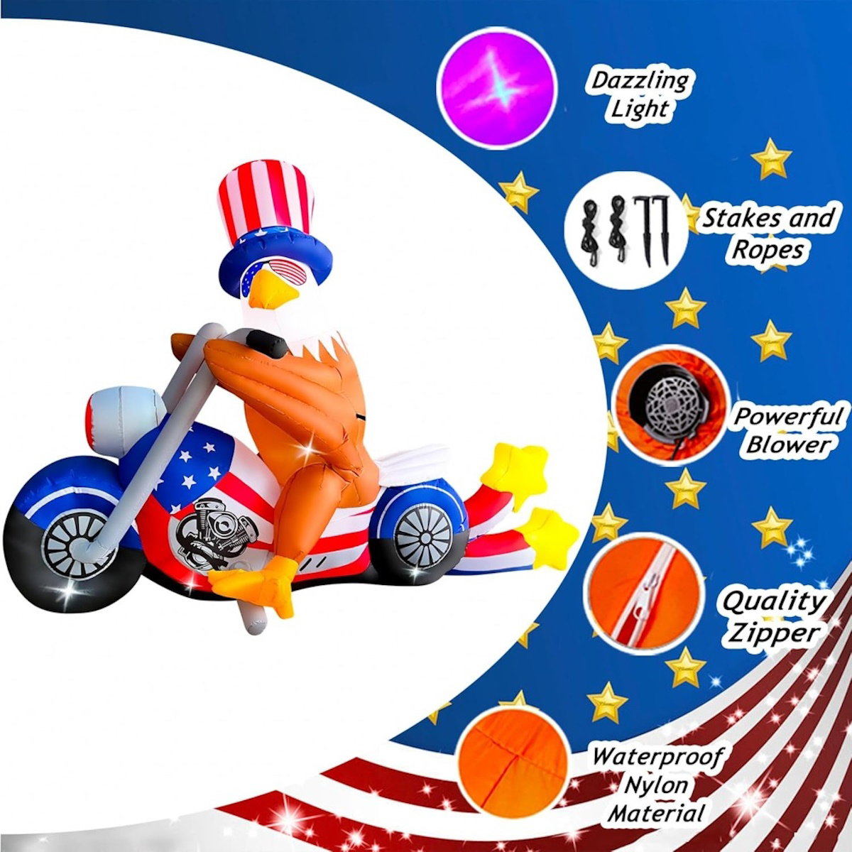Inflatable eagle on a motorcycle with Uncle Sam's Hat and Glasses design - ChildAngle 4th of July Inflatables for Independence Day