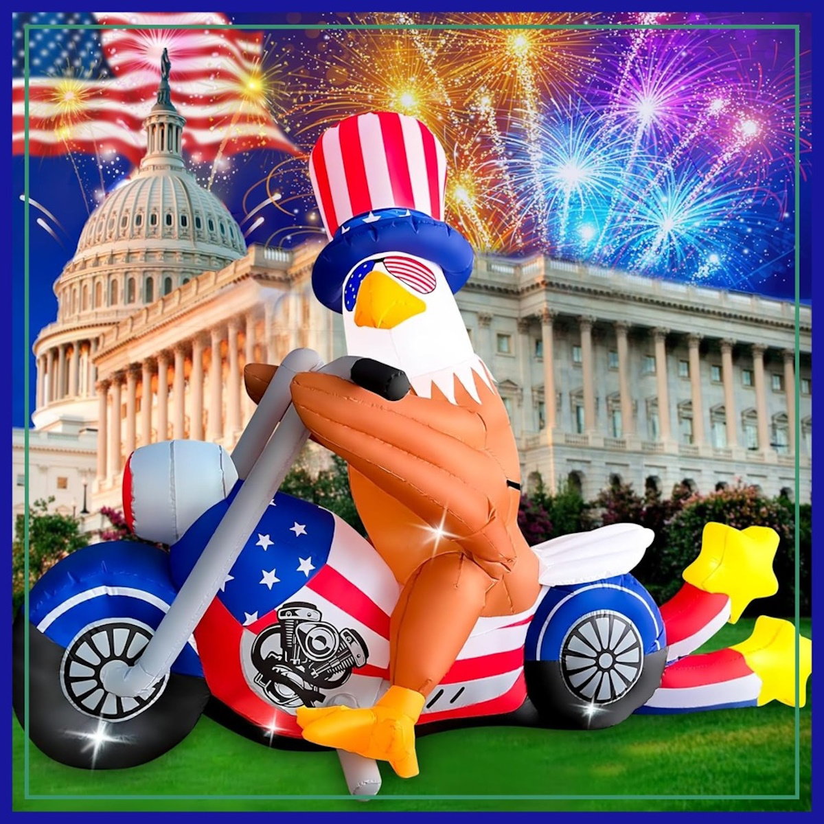 Inflatable eagle on a motorcycle with Uncle Sam's Hat and Glasses design - ChildAngle 4th of July Inflatables for Independence Day
