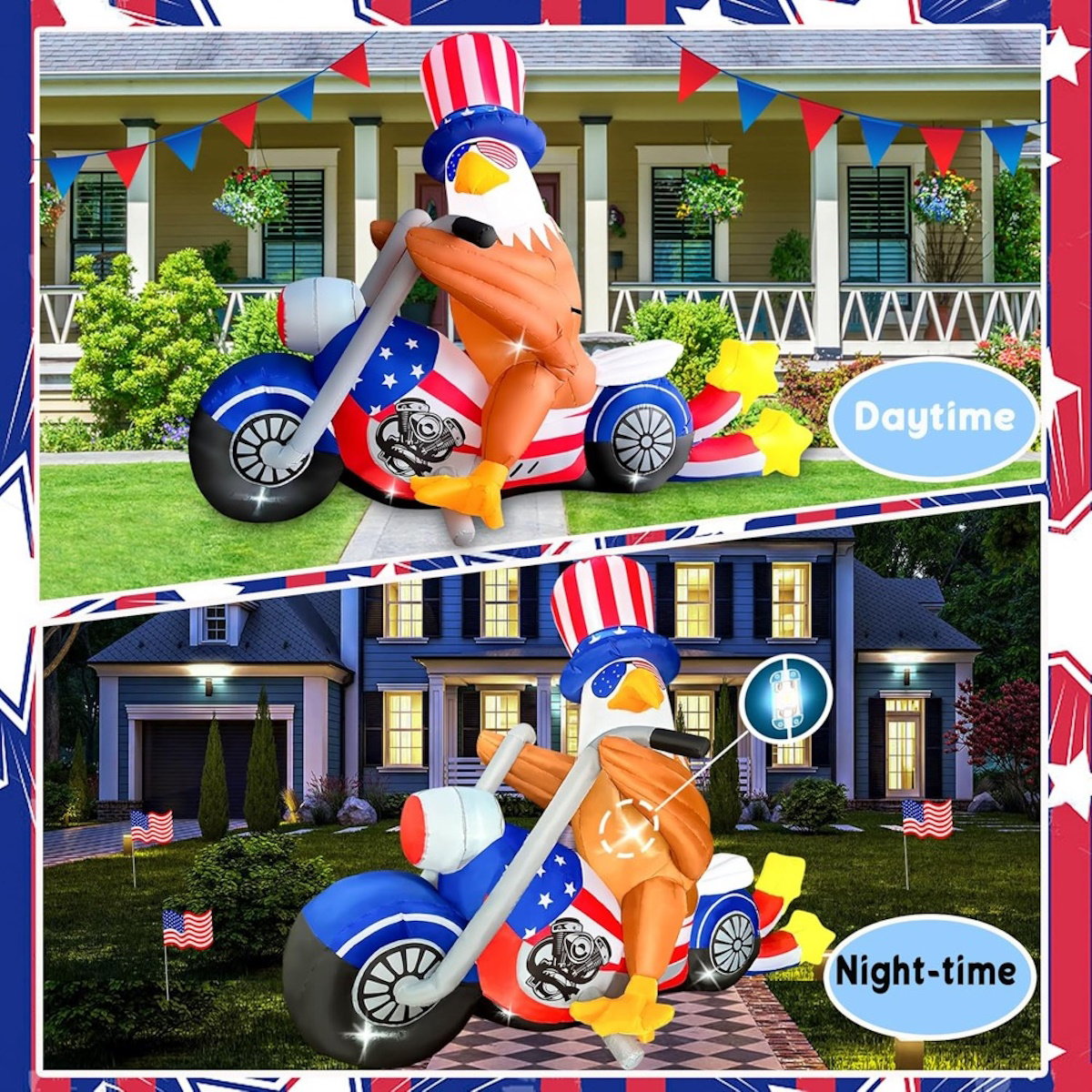 Inflatable eagle on a motorcycle with Uncle Sam's Hat and Glasses design - ChildAngle 4th of July Inflatables for Independence Day
