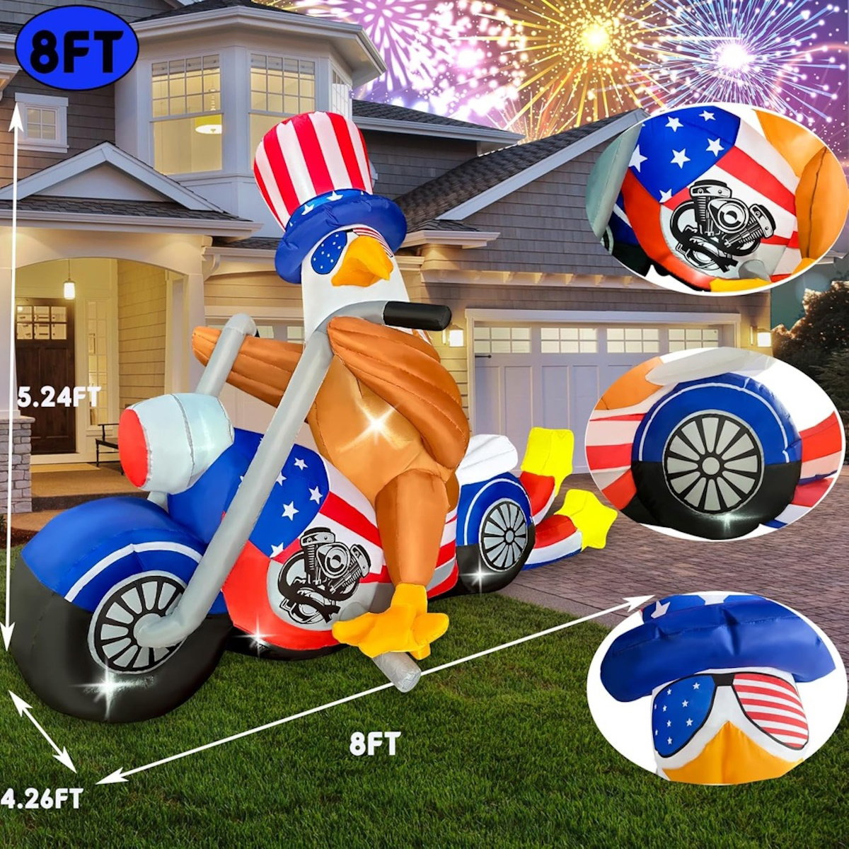 Inflatable eagle on a motorcycle with Uncle Sam's Hat and Glasses design - ChildAngle 4th of July Inflatables for Independence Day