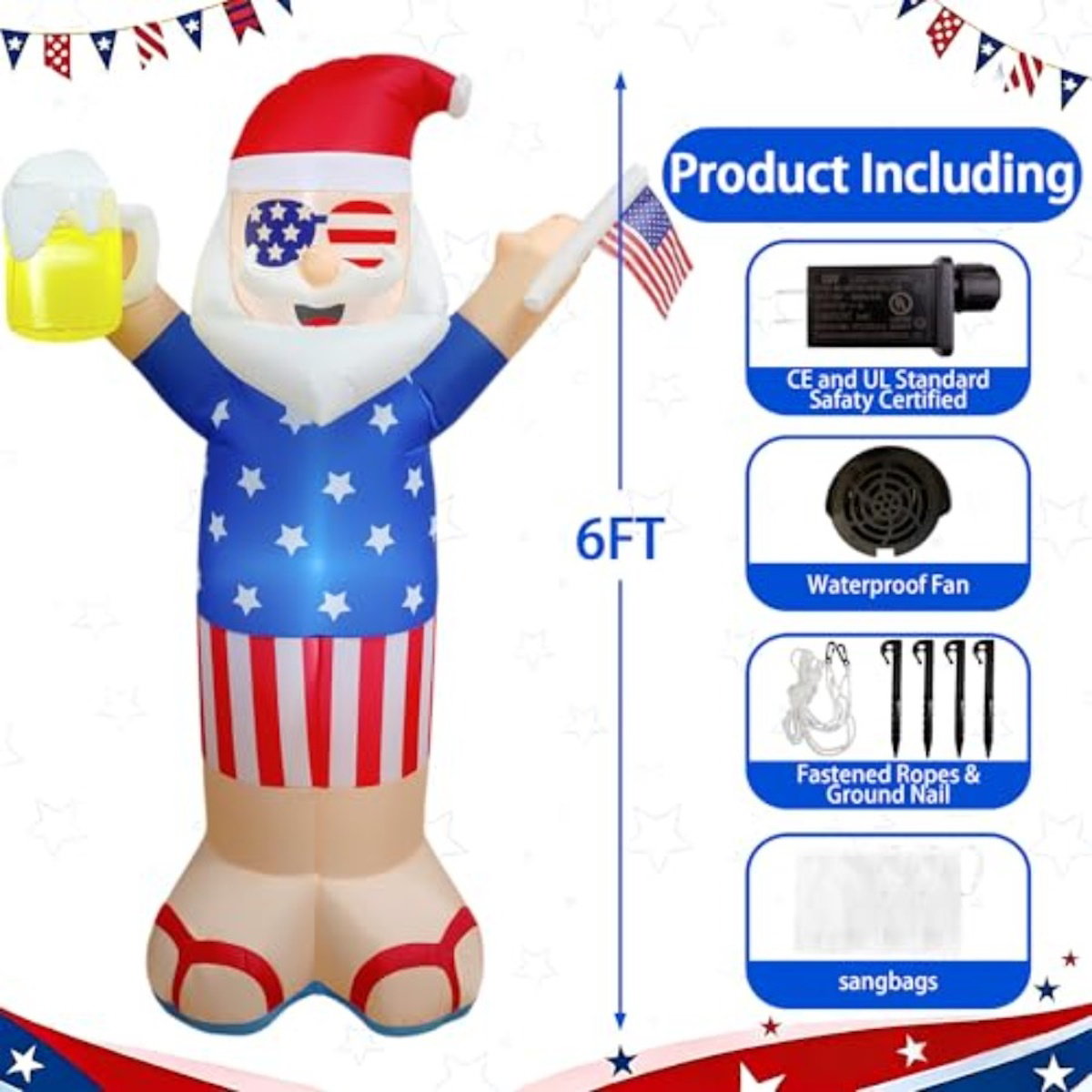 Inflatable Santa Claus figure with American flag design holding a beer and an American flag - ChildAngle 4th of July Inflatables and Christmas in July Inflatables