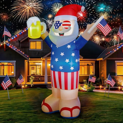 Inflatable Santa Claus figure with American flag design holding a beer and an American flag - ChildAngle 4th of July Inflatables and Christmas in July Inflatables