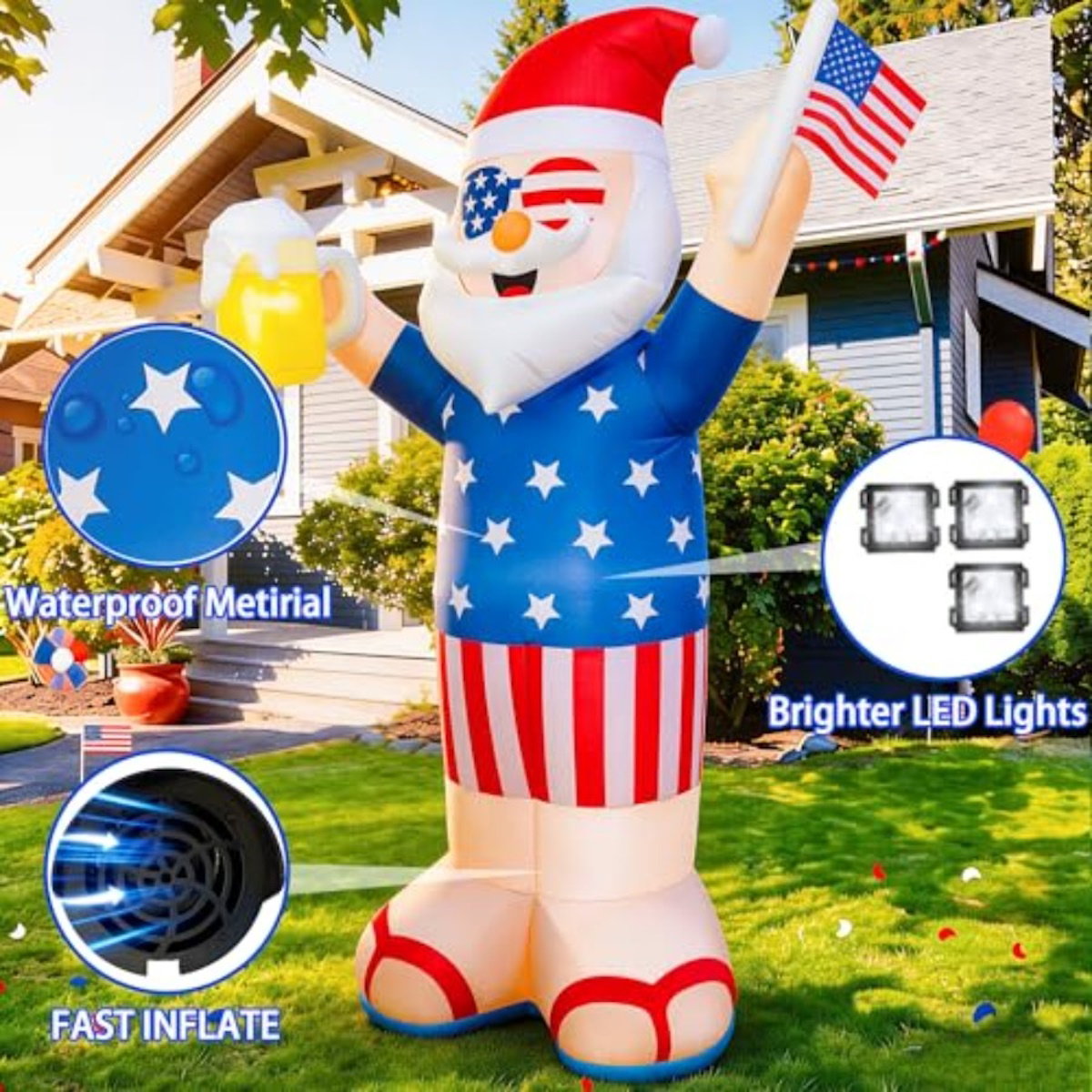 Inflatable Santa Claus figure with American flag design holding a beer and an American flag - ChildAngle 4th of July Inflatables and Christmas in July Inflatables