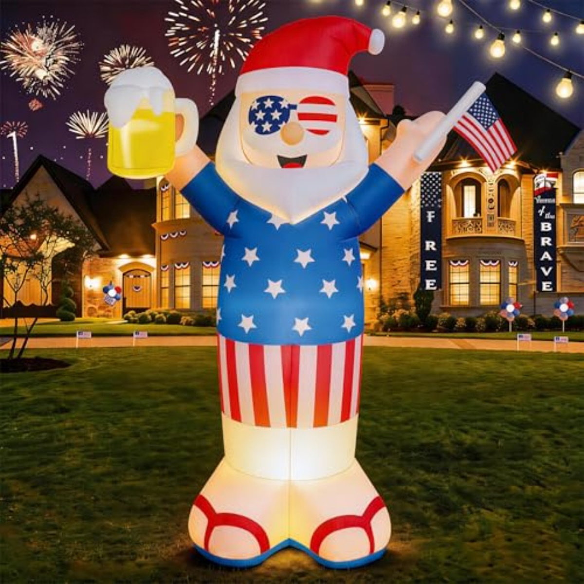 Inflatable Santa Claus figure with American flag design holding a beer and an American flag - ChildAngle 4th of July Inflatables and Christmas in July Inflatables