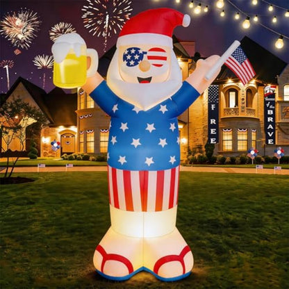 Inflatable Santa Claus figure with American flag design holding a beer and an American flag - ChildAngle 4th of July Inflatables and Christmas in July Inflatables