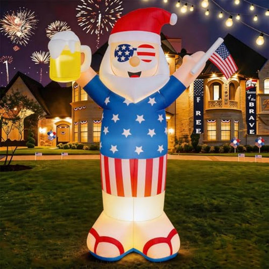 Inflatable Santa Claus figure with American flag design holding a beer and an American flag - ChildAngle 4th of July Inflatables and Christmas in July Inflatables