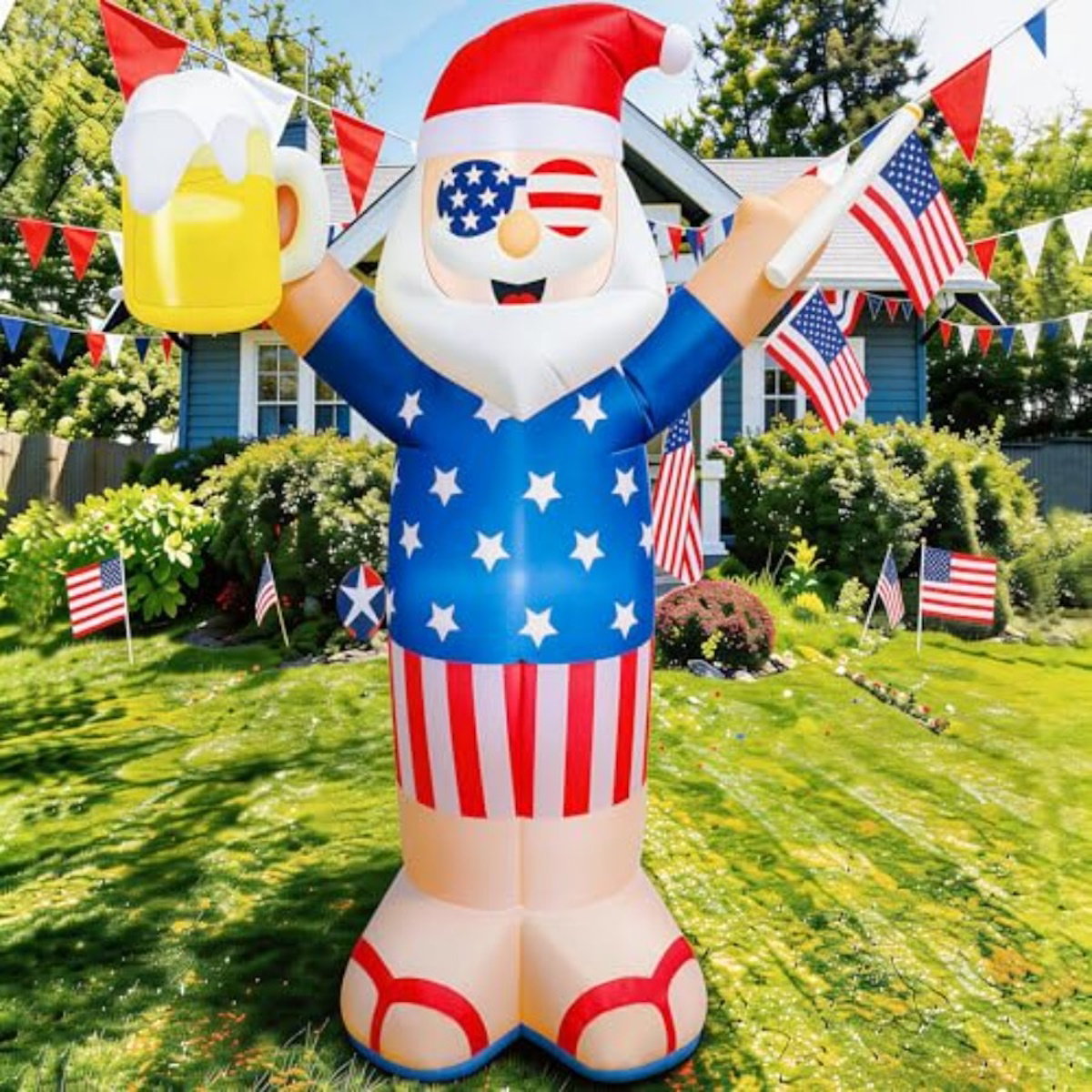 Inflatable Santa Claus figure with American flag design holding a beer and an American flag - ChildAngle 4th of July Inflatables and Christmas in July Inflatables