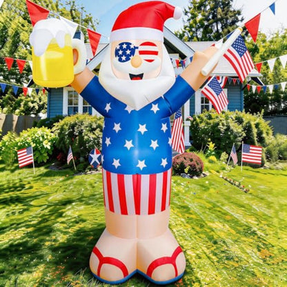 Inflatable Santa Claus figure with American flag design holding a beer and an American flag - ChildAngle 4th of July Inflatables and Christmas in July Inflatables