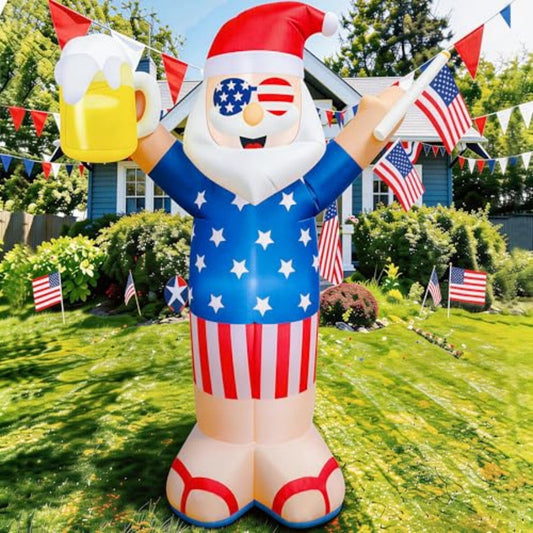 Inflatable Santa Claus figure with American flag design holding a beer and an American flag - ChildAngle 4th of July Inflatables and Christmas in July Inflatables