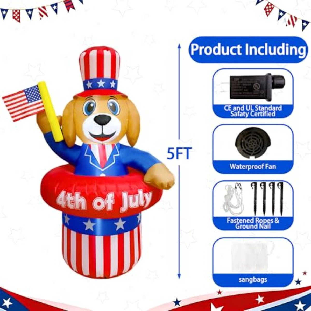Inflatable dog decoration with American flag hat and '4th of July' text - ChildAngle 4th of July Inflatables