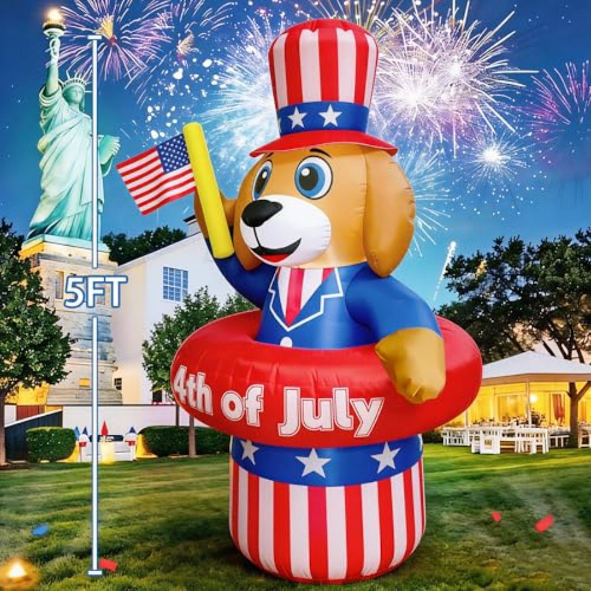 Inflatable dog decoration with American flag hat and '4th of July' text - ChildAngle 4th of July Inflatables