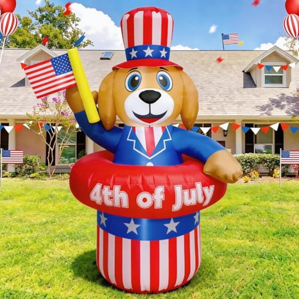 Inflatable dog decoration with American flag hat and '4th of July' text - ChildAngle 4th of July Inflatables