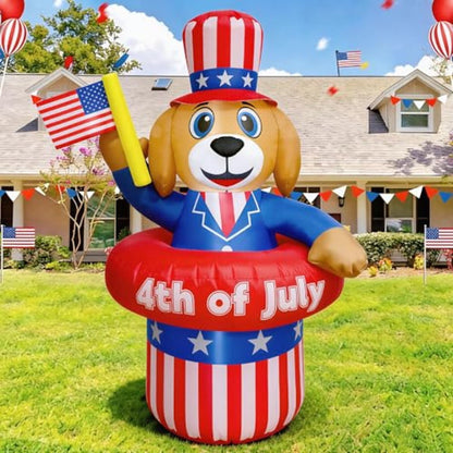 Inflatable dog decoration with American flag hat and '4th of July' text - ChildAngle 4th of July Inflatables
