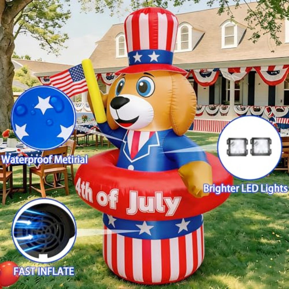 Inflatable dog decoration with American flag hat and '4th of July' text - ChildAngle 4th of July Inflatables