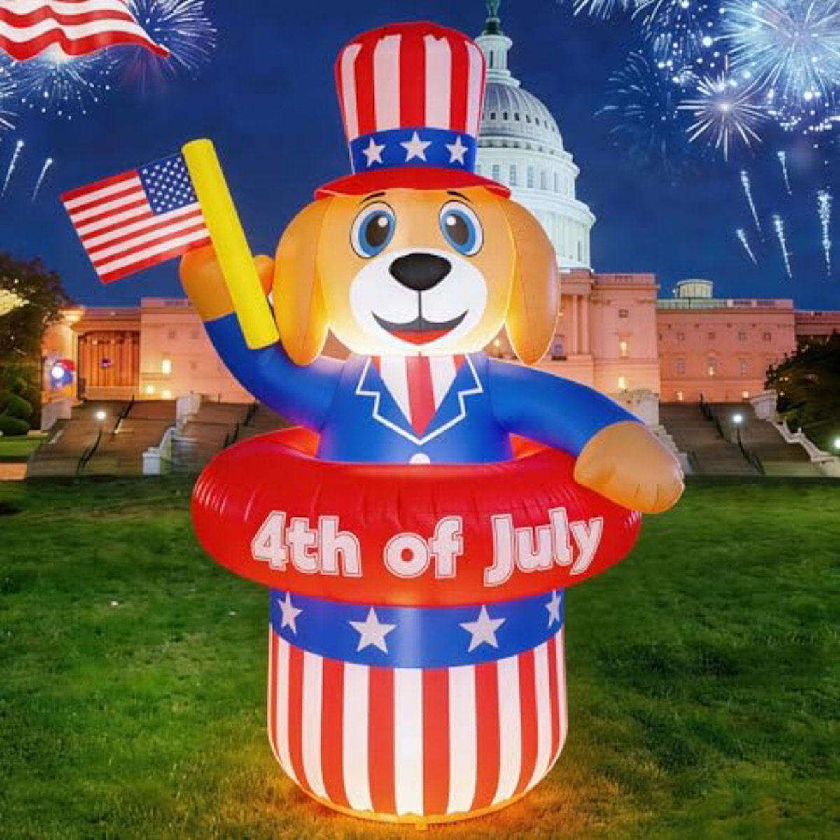 Inflatable dog decoration with American flag hat and '4th of July' text - ChildAngle 4th of July Inflatables