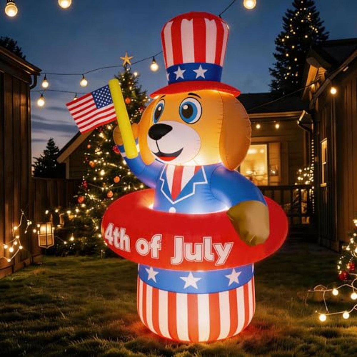 Inflatable dog decoration with American flag hat and '4th of July' text - ChildAngle 4th of July Inflatables