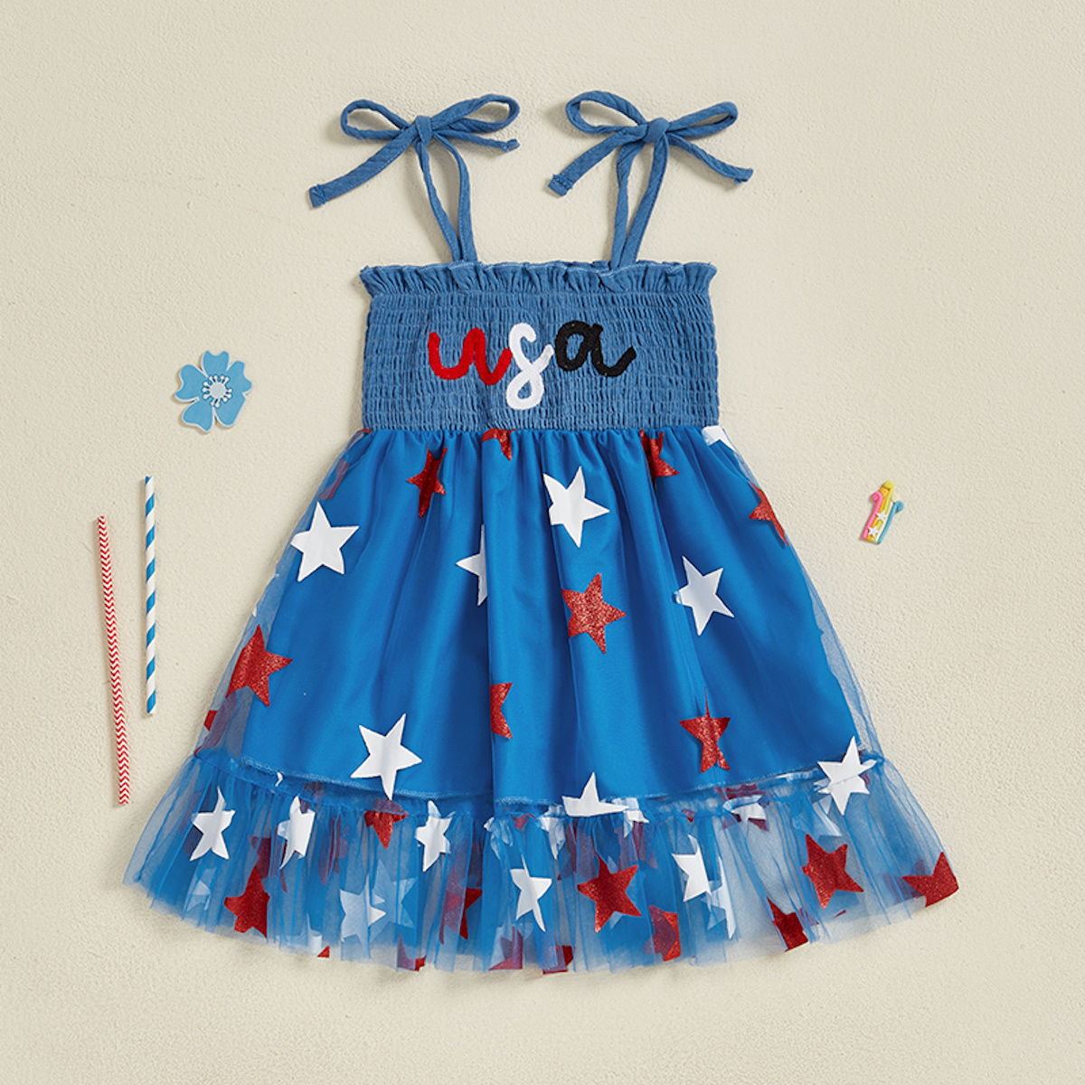 Newborn Toddlers Kids Girls Stars Shoulder Tie Dresses 4th of July Dress, Red / 18M