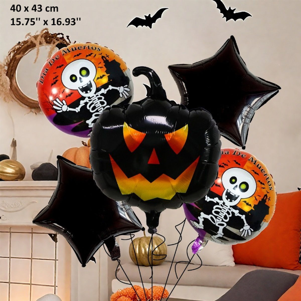 5PCS 16'' Balloon Bouquet for Halloween Witch Bat Grim Reaper Pumpkin Foil Balloon Set - ChildAngle