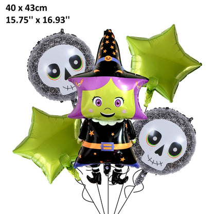 5PCS 16'' Balloon Bouquet for Halloween Witch Bat Grim Reaper Pumpkin Foil Balloon Set - ChildAngle
