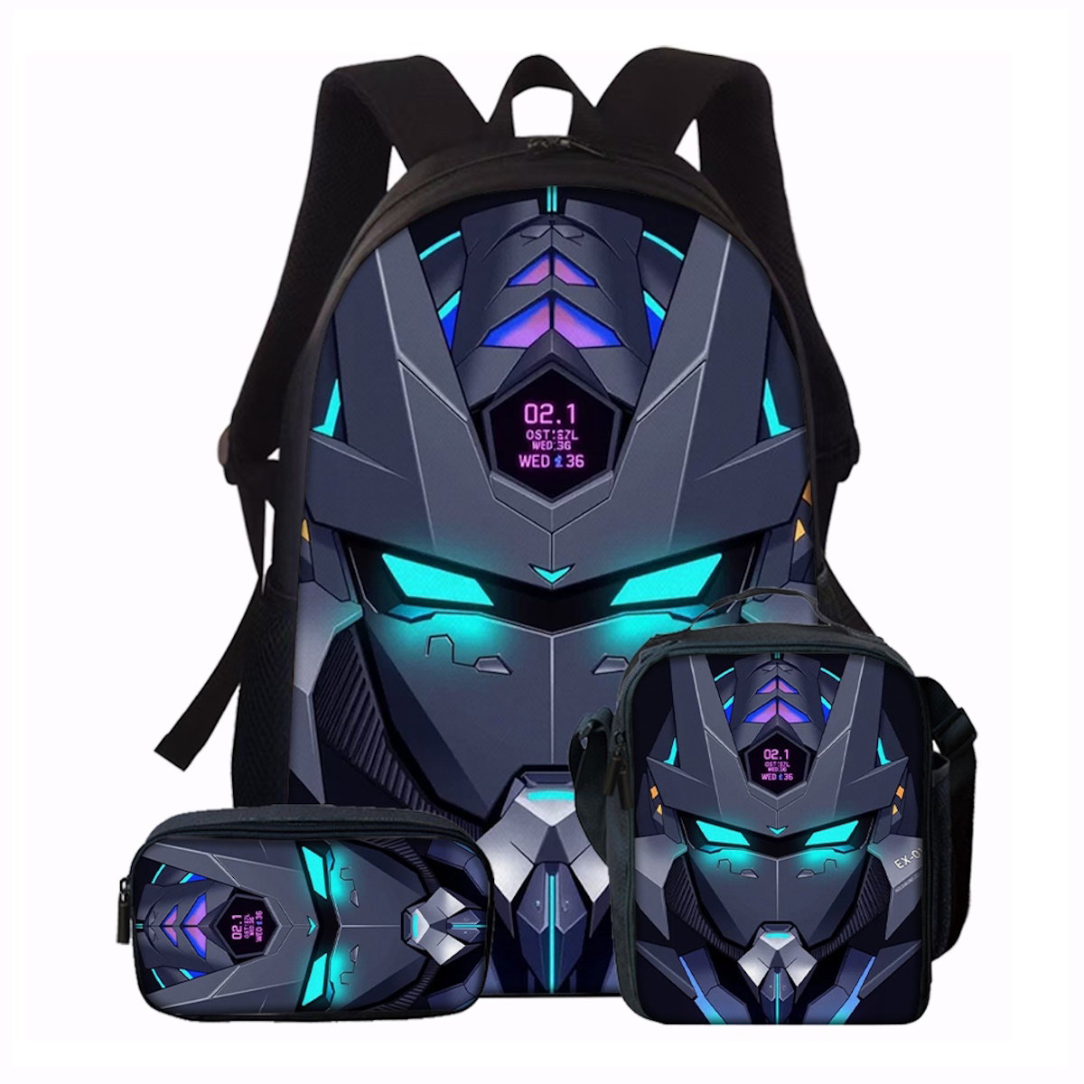 5PCS Cyberpunk Robots Transformer Backpack and Lunchbox Pencil Case Bundle Set - ChildAngle