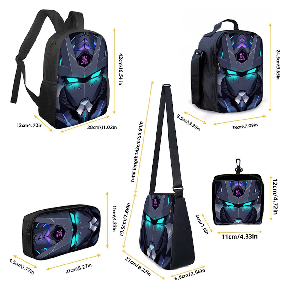 5PCS Cyberpunk Robots Transformer Backpack and Lunchbox Pencil Case Bundle Set - ChildAngle