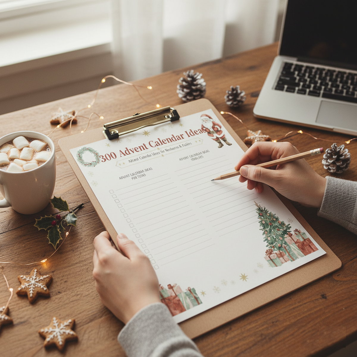 Person filling out a Christmas-themed advent calendar idea sheet on a wooden table with a laptop and mug of hot chocolate.