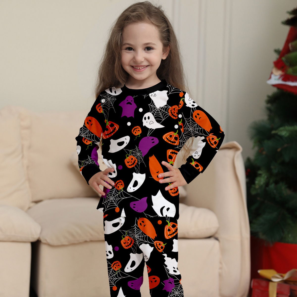 Halloween Family Matching Pajamas Allover Pumpkin Ghost Spiderweb Print Sleepwear Family Look Pyjamas - ChildAngle