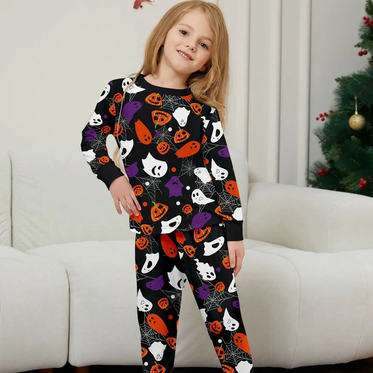 Halloween Family Matching Pajamas Allover Pumpkin Ghost Spiderweb Print Sleepwear Family Look Pyjamas - ChildAngle