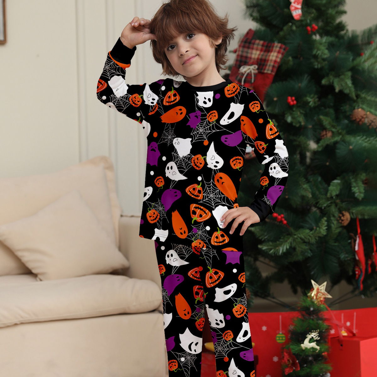 Halloween Family Matching Pajamas Allover Pumpkin Ghost Spiderweb Print Sleepwear Family Look Pyjamas - ChildAngle