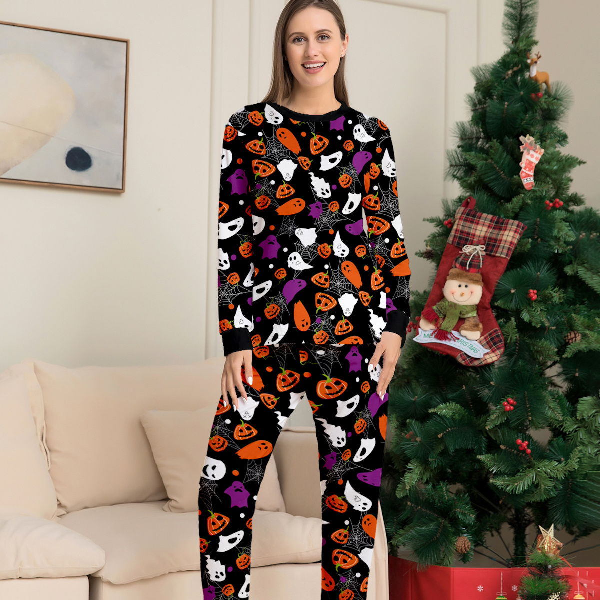 Halloween Family Matching Pajamas Allover Pumpkin Ghost Spiderweb Print Sleepwear Family Look Pyjamas - ChildAngle