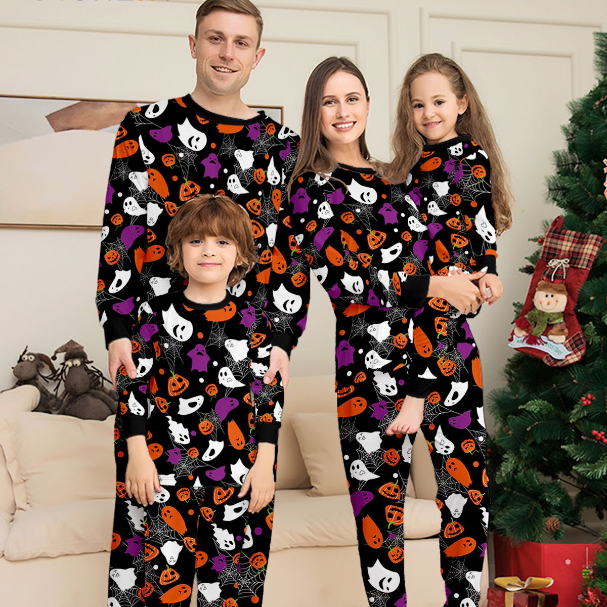 Halloween Family Matching Pajamas Allover Pumpkin Ghost Spiderweb Print Sleepwear Family Look Pyjamas - ChildAngle