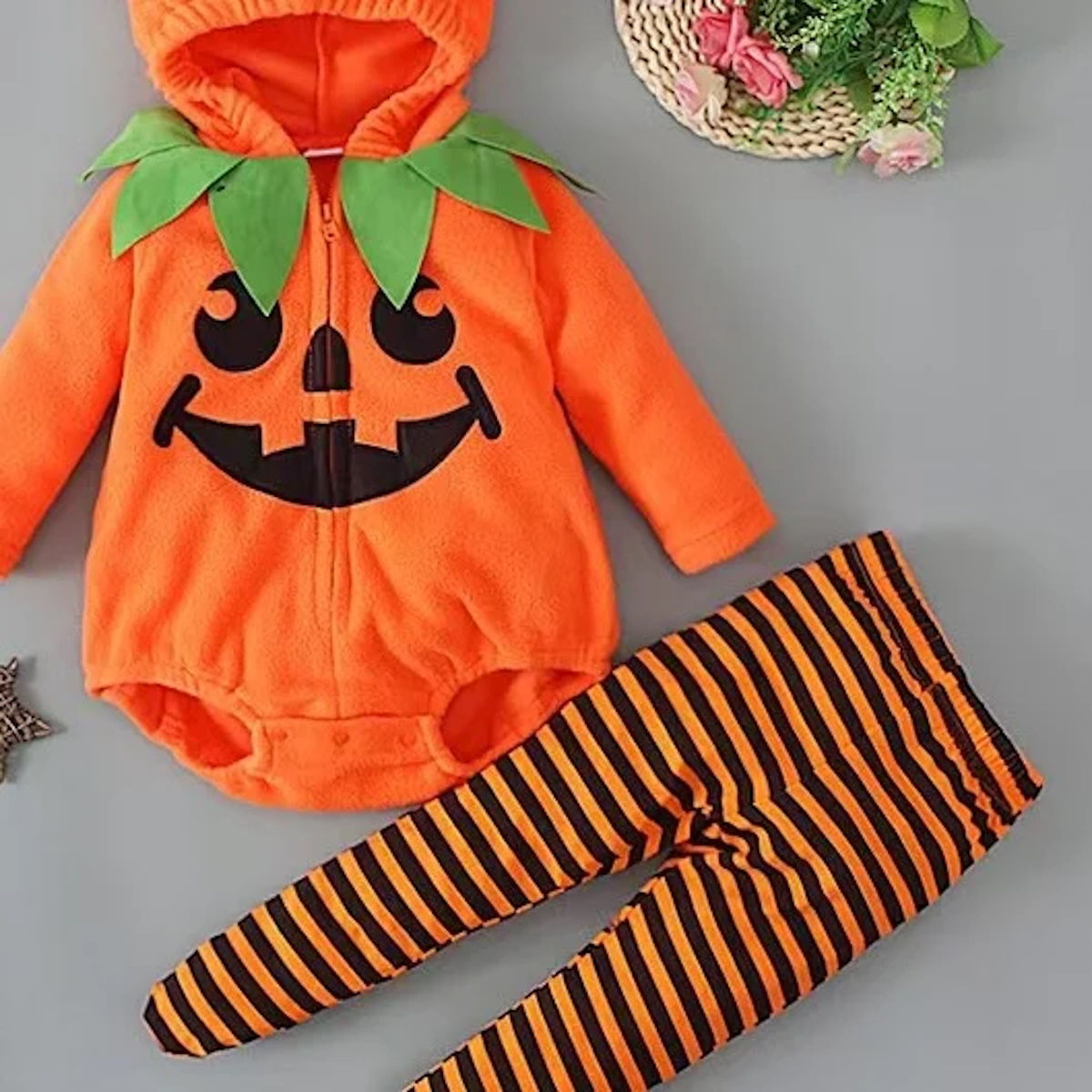 2PCS Newborn Halloween Outfits Fleece Pumpkin Face Hooded Baby Onesies - ChildAngle