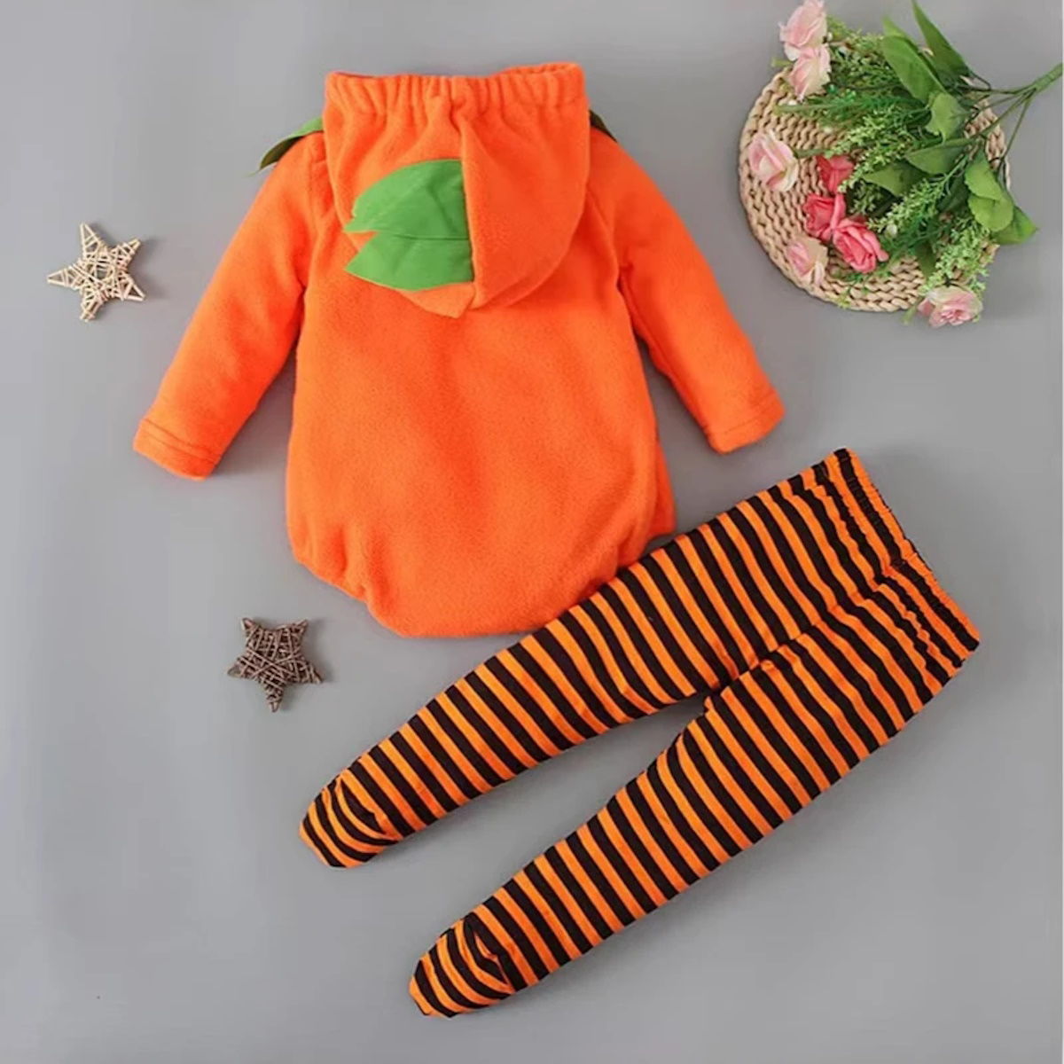2PCS Newborn Halloween Outfits Fleece Pumpkin Face Hooded Baby Onesies - ChildAngle
