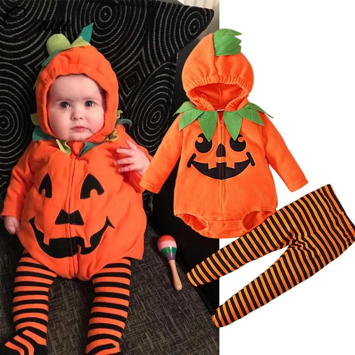 2PCS Newborn Halloween Outfits Fleece Pumpkin Face Hooded Baby Onesies - ChildAngle