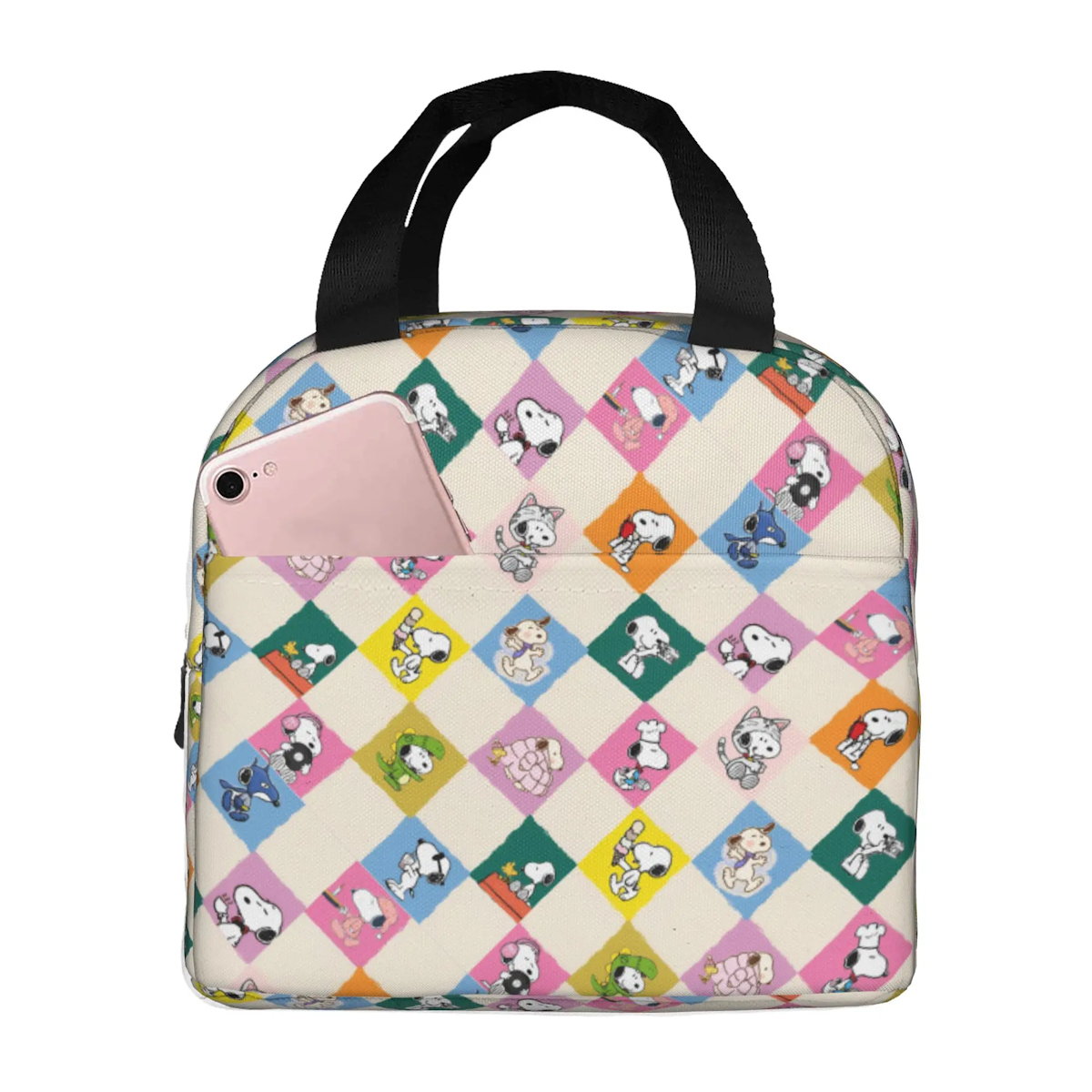 Block Pattern Snoopy Lunch Bag Tote Large Capacity Lunch Bag - ChildAngle