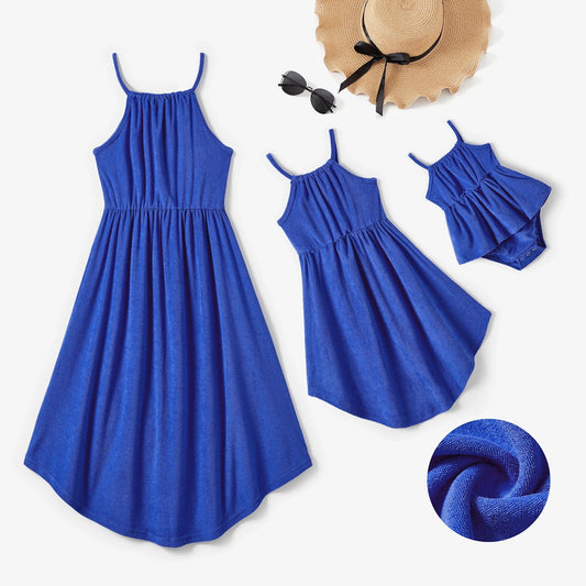 Mommy and Me Matching Dress Blue Ruffle Slip Dress for Party - ChildAngle