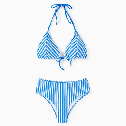 Blue Striped Triangle Bikini Set Halter Neck Family Matching Towel Swimwear with Striped Swim Trunks - ChildAngle