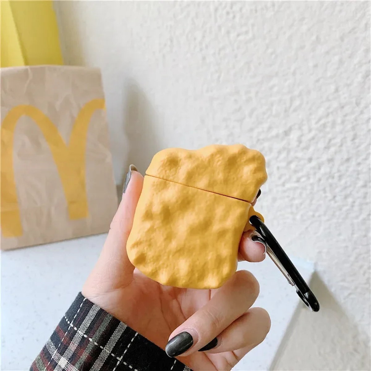 Yellow Chicken Nugget Airpods case with a textured surface - ChildAngle French Fries Chicken Nugget Hamburger Ketchup Sauces