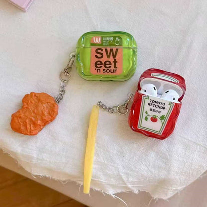 Yellow Chicken Nugget Airpods case with a textured surface - ChildAngle French Fries Chicken Nugget Hamburger Ketchup Sauces