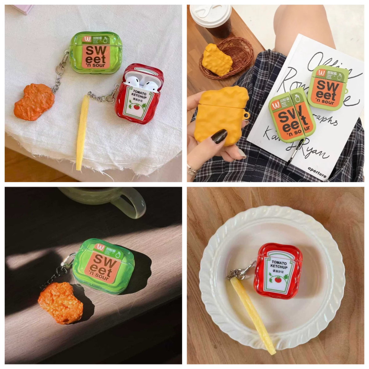 Yellow Chicken Nugget Airpods case with a textured surface - ChildAngle French Fries Chicken Nugget Hamburger Ketchup Sauces