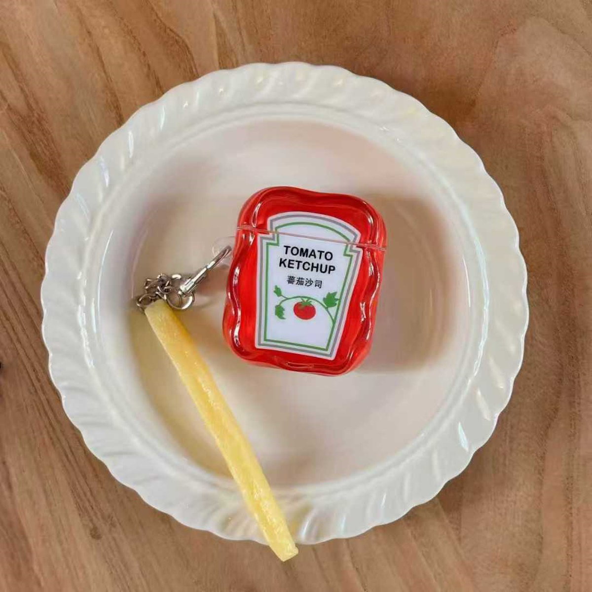 Yellow Chicken Nugget Airpods case with a textured surface - ChildAngle French Fries Chicken Nugget Hamburger Ketchup Sauces