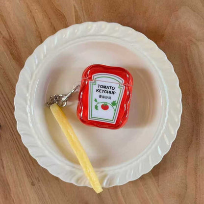Yellow Chicken Nugget Airpods case with a textured surface - ChildAngle French Fries Chicken Nugget Hamburger Ketchup Sauces