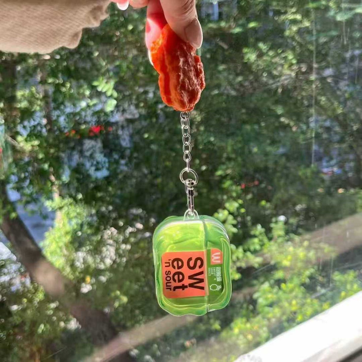 Yellow Chicken Nugget Airpods case with a textured surface - ChildAngle French Fries Chicken Nugget Hamburger Ketchup Sauces